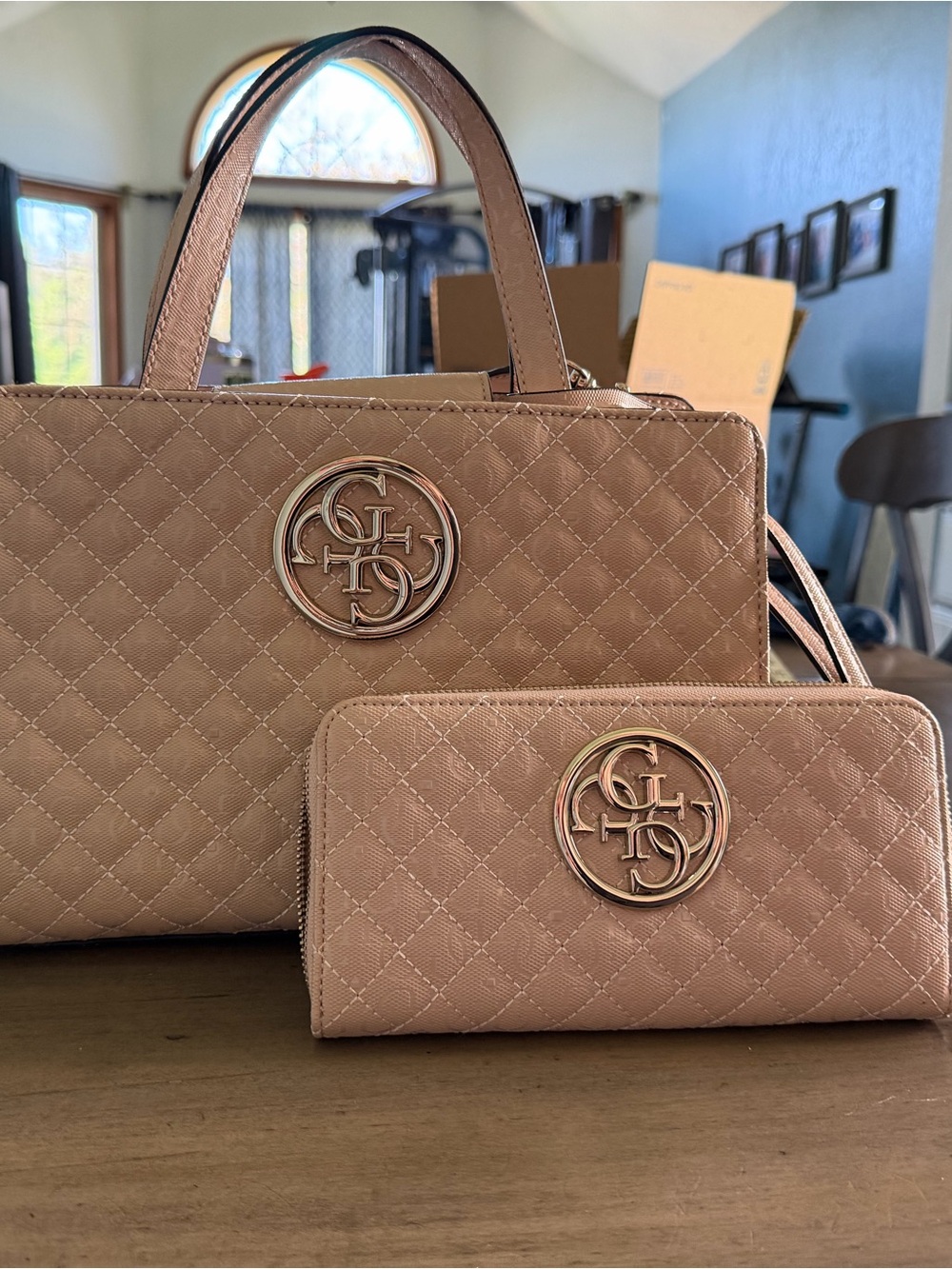 GUESS Pink Quilted Logo Satchel Bag Detachable Strap Zip + Zip-Around Wristlet